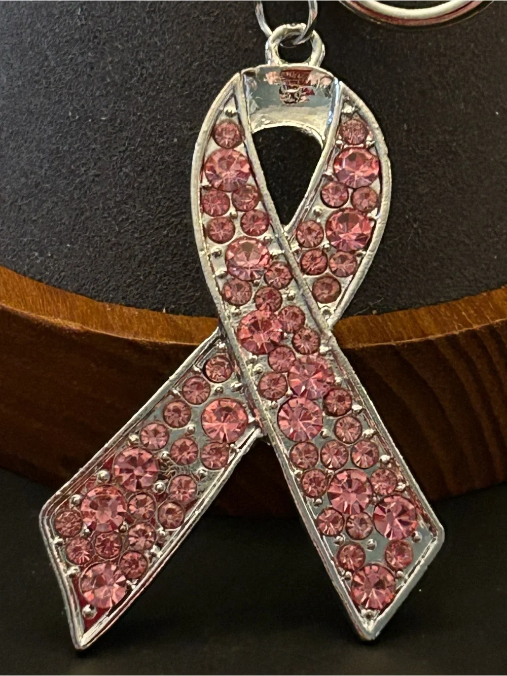 Pink Crystal Ribbon Bag Charm Keyring Keychain - Support Awareness - Silver